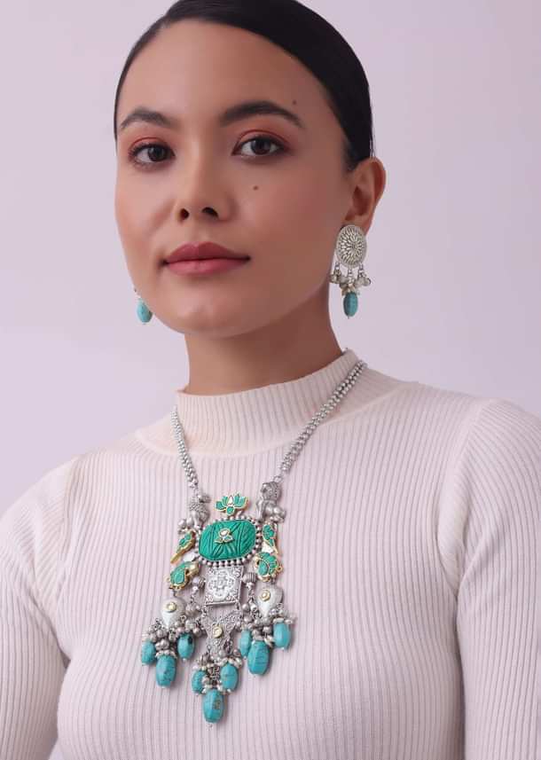 Silver Finish Oxidised Long Necklace Set Infused With Kundan Work And Beads Silver Finish Oxidised Long Necklace Set Infused With Kundan Work And Beads