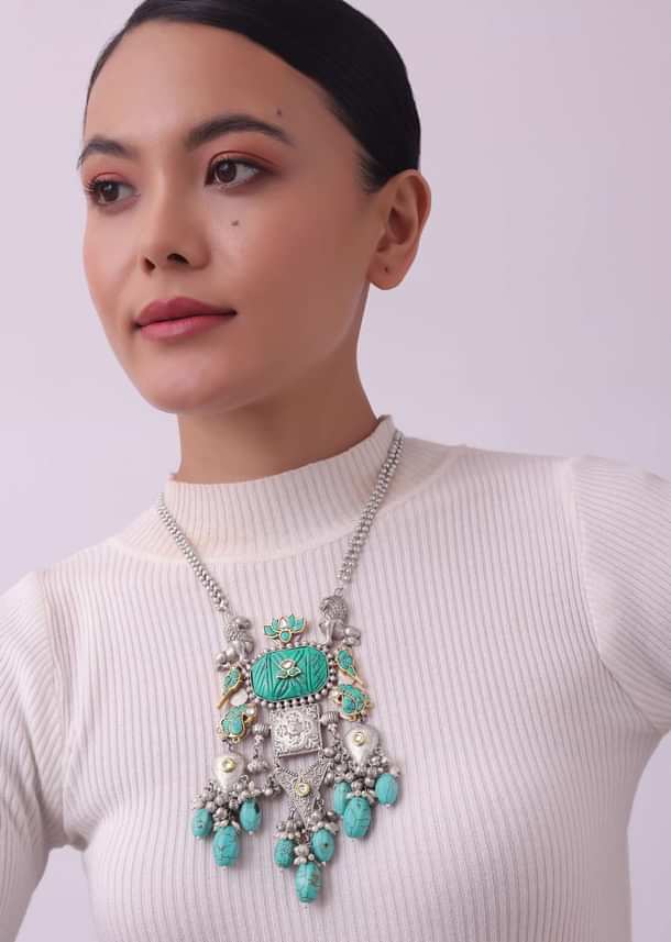 Silver Finish Oxidised Long Necklace Set Infused With Kundan Work And Beads Silver Finish Oxidised Long Necklace Set Infused With Kundan Work And Beads