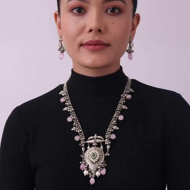 Silver Finish Oxidised Long Necklace Set With Beads Silver Finish Oxidised Long Necklace Set With Beads