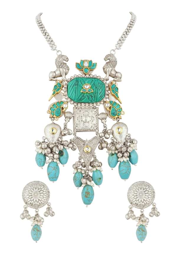 Silver Finish Oxidised Long Necklace Set Infused With Kundan Work And Beads Silver Finish Oxidised Long Necklace Set Infused With Kundan Work And Beads