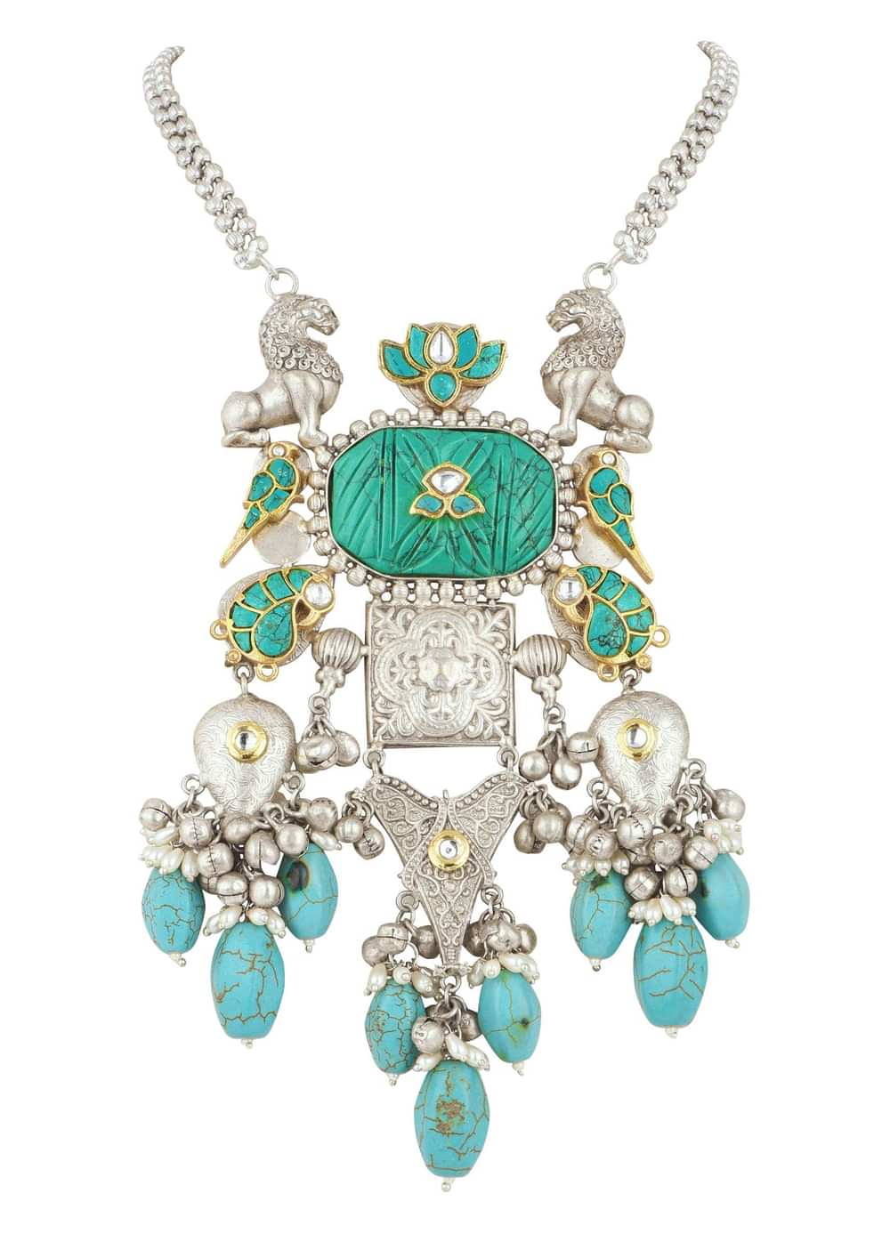 Silver Finish Oxidised Long Necklace Set Infused With Kundan Work And Beads