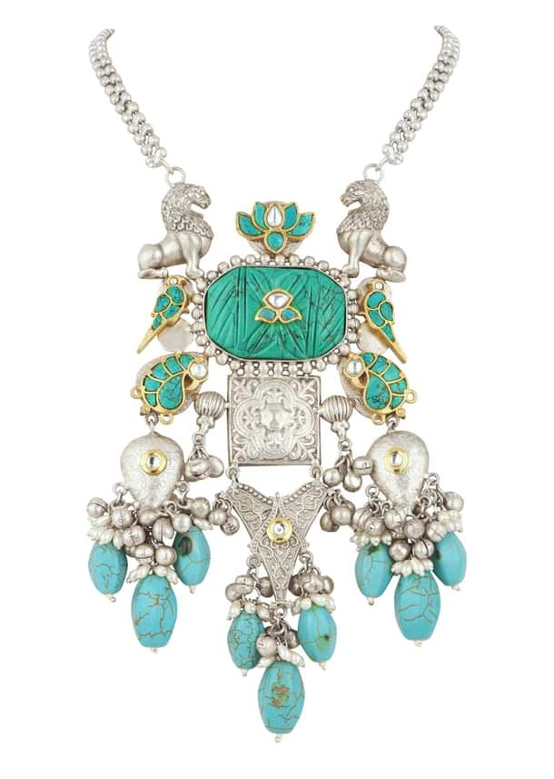 Silver Finish Oxidised Long Necklace Set Infused With Kundan Work And Beads Silver Finish Oxidised Long Necklace Set Infused With Kundan Work And Beads