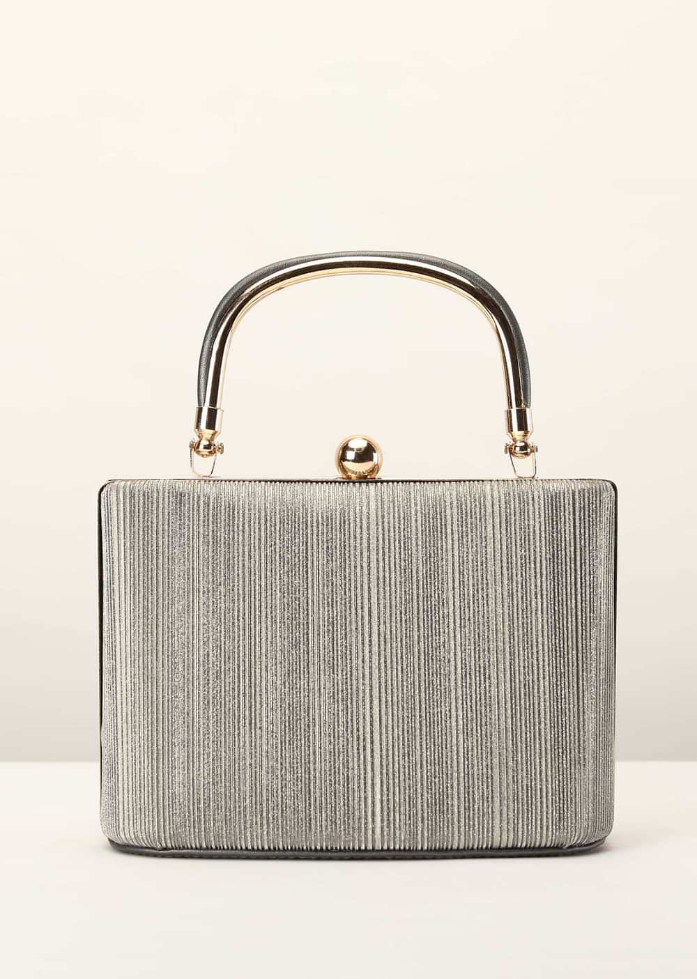 Silver Grey Clutch In Crush Fabric With Metal Handle And Clasp Closure