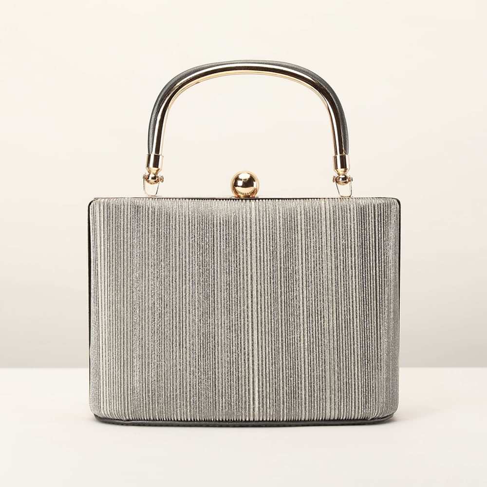 Silver Grey Clutch In Crush Fabric With Metal Handle And Clasp Closure