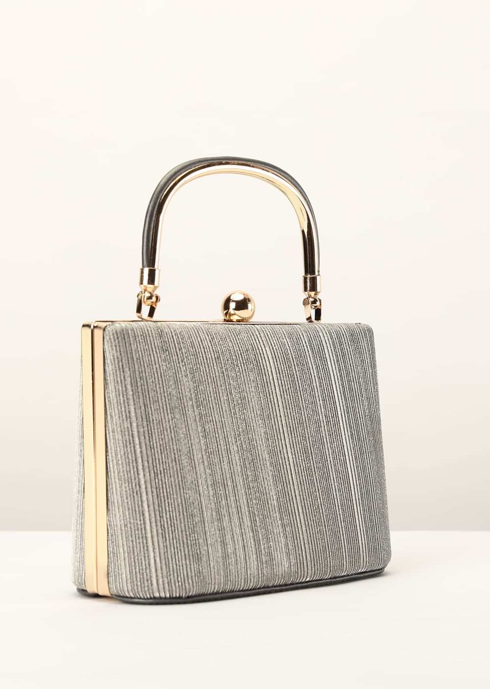 Silver Grey Clutch In Crush Fabric With Metal Handle And Clasp Closure
