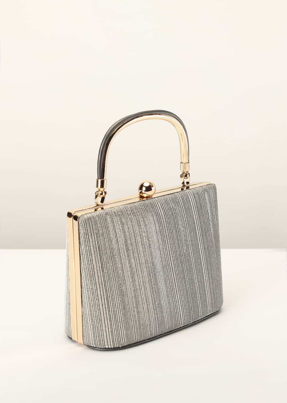 Silver Grey Clutch In Crush Fabric With Metal Handle And Clasp Closure