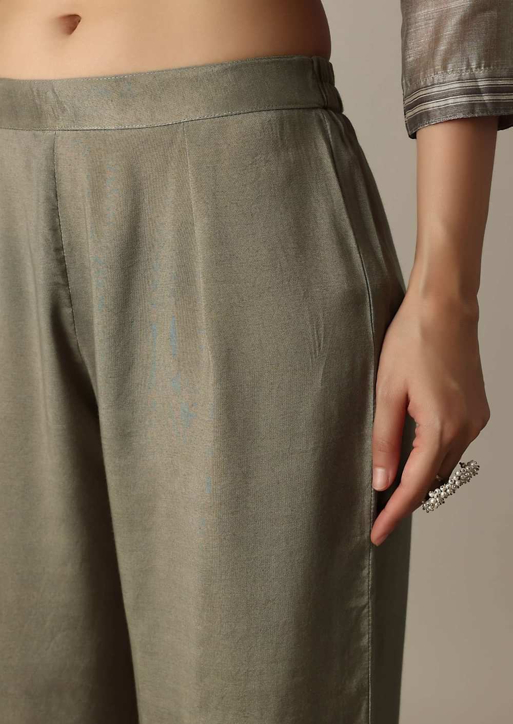 Silver Grey Cotton Silk Thread Work Kurti Pant Set