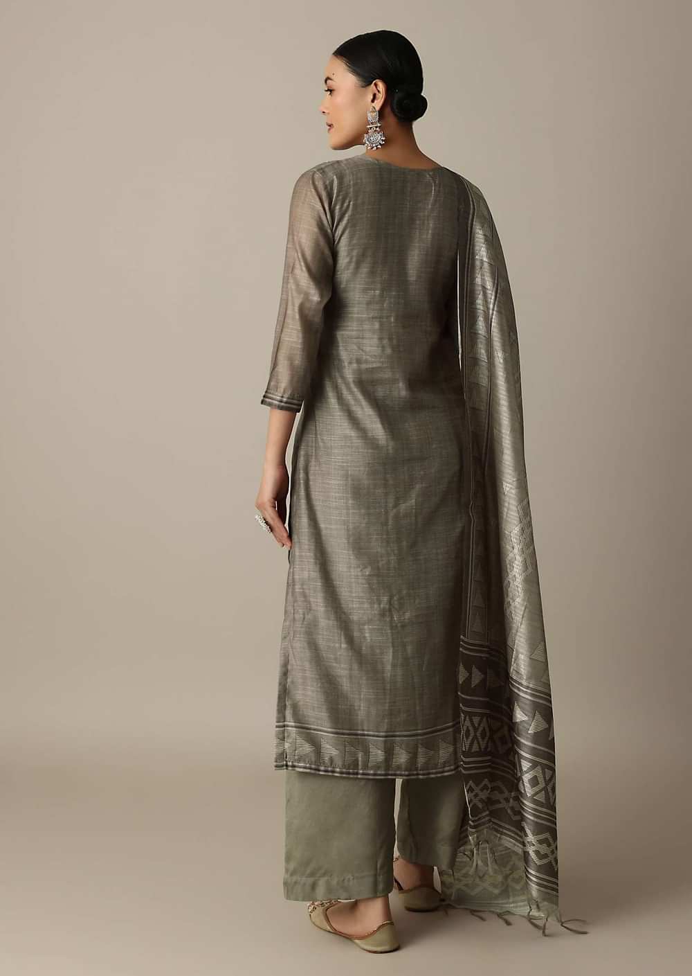 Silver Grey Cotton Silk Thread Work Kurti Pant Set