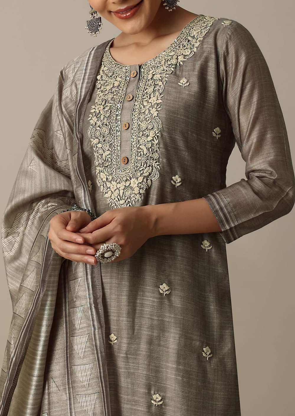 Silver Grey Cotton Silk Thread Work Kurti Pant Set