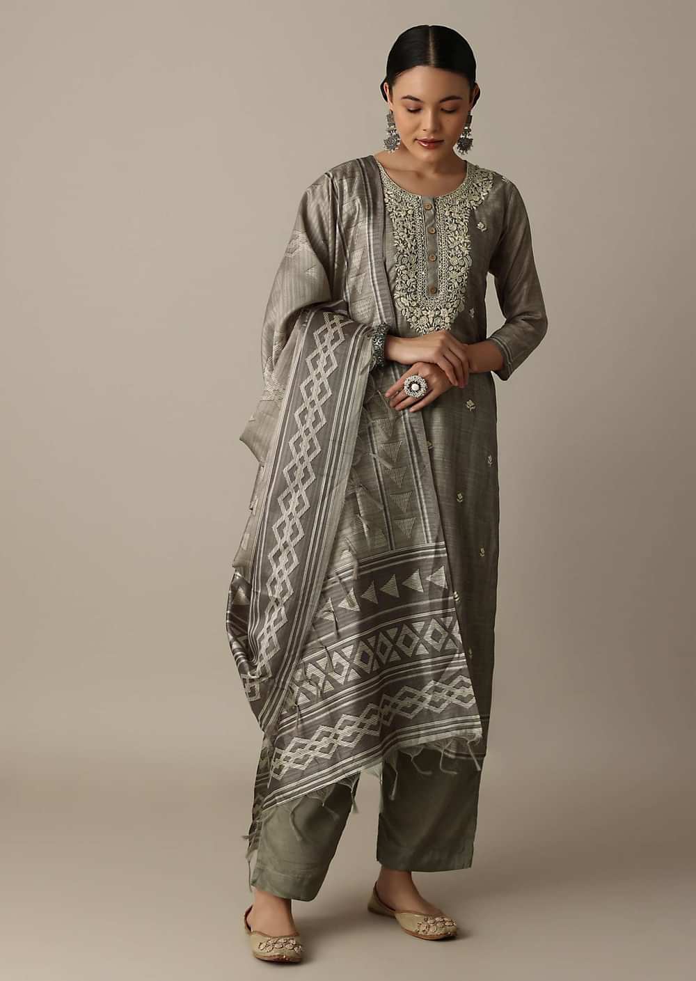 Silver Grey Cotton Silk Thread Work Kurti Pant Set