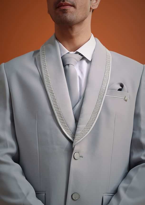 Silver Grey Cutdana Work Tuxedo And Pant Set Silver Grey Cutdana Work Tuxedo And Pant Set