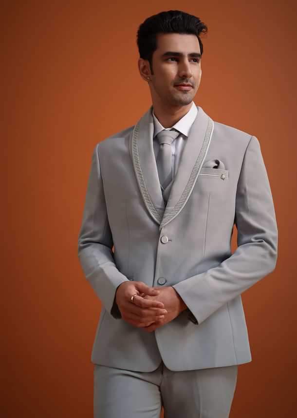 Silver Grey Cutdana Work Tuxedo And Pant Set Silver Grey Cutdana Work Tuxedo And Pant Set