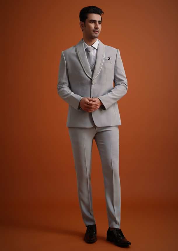 Silver Grey Cutdana Work Tuxedo And Pant Set Silver Grey Cutdana Work Tuxedo And Pant Set