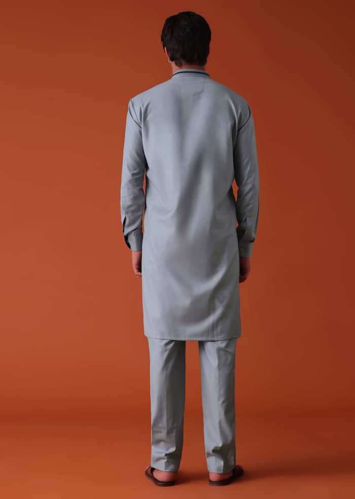 Silver Grey Pathani Kurta Set In Terry Rayon WIth Threadwork