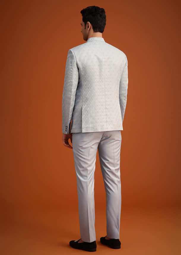 Silver Grey Polyester Jodhpuri Set With Pocket Square