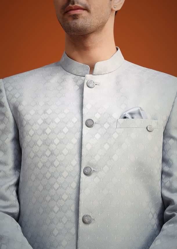 Silver Grey Polyester Jodhpuri Set With Pocket Square