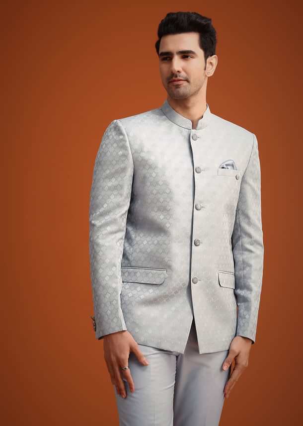 Silver Grey Polyester Jodhpuri Set With Pocket Square