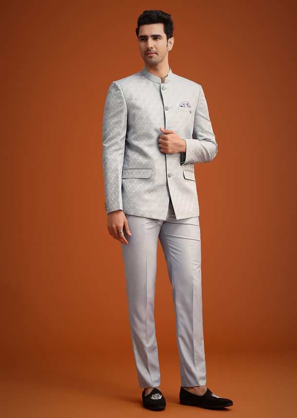 Silver Grey Polyester Jodhpuri Set With Pocket Square