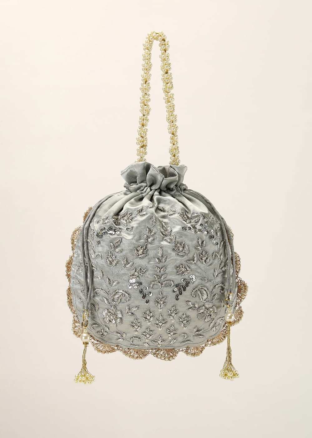 Silver Grey Potli In Satin Silk With Hand Embroidery Detailing Using Zardosi Work In Floral Design All Over
