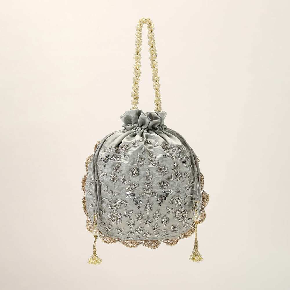 Silver Grey Potli In Satin Silk With Hand Embroidery Detailing Using Zardosi Work In Floral Design All Over