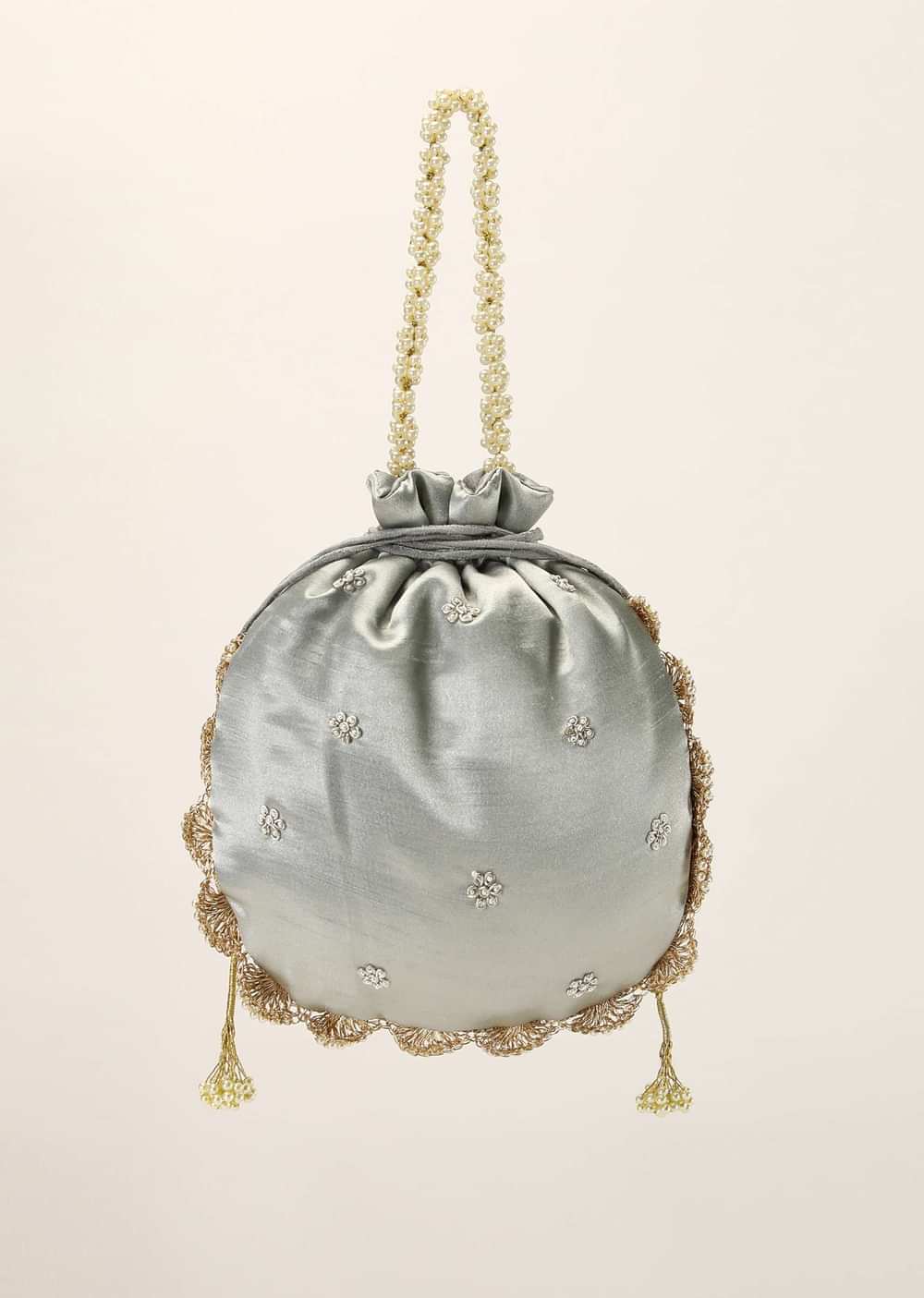 Silver Grey Potli In Satin Silk With Hand Embroidery Detailing Using Zardosi Work In Floral Design All Over