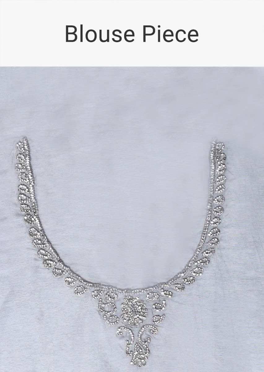 Silver Grey Saree In Net Embellished With Kundan In A Fancy Striped Design Online - Kalki Fashion