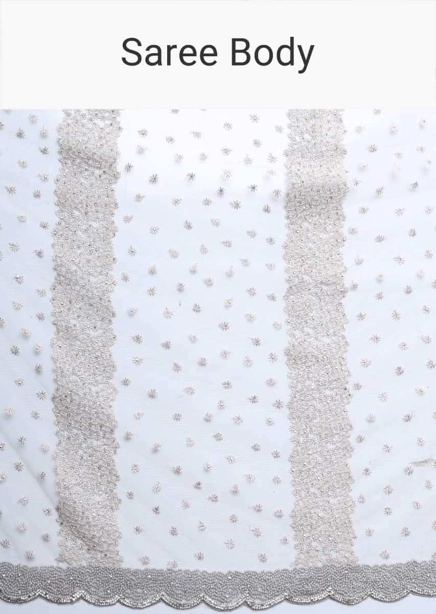 Silver Grey Saree In Net Embellished With Kundan In A Fancy Striped Design Online - Kalki Fashion