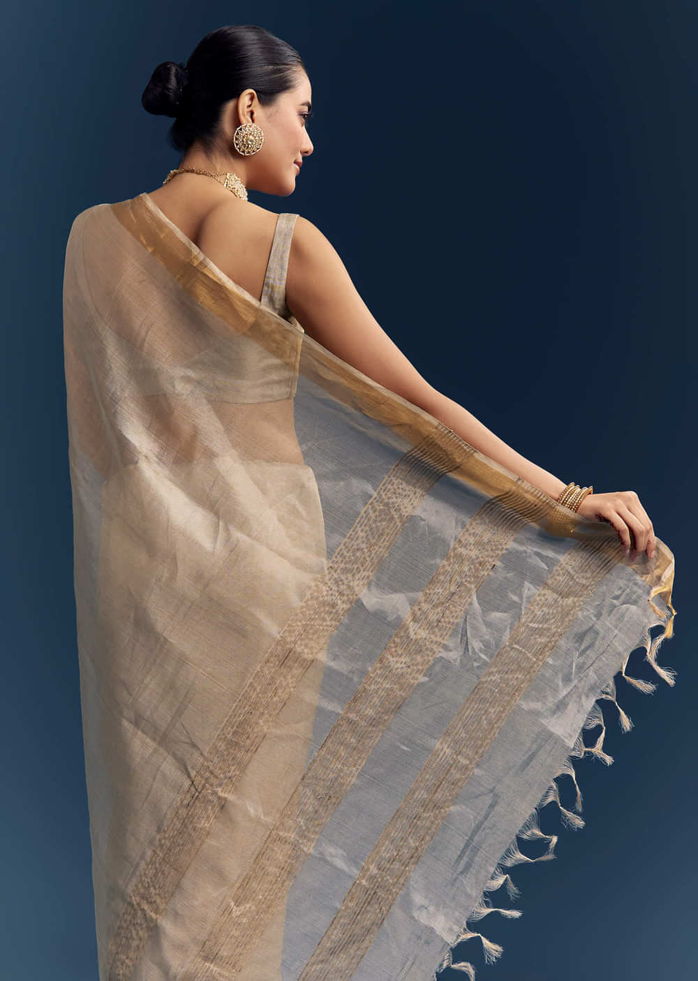 Silver Grey Tissue Organza Woven Saree With Golden Zari Work