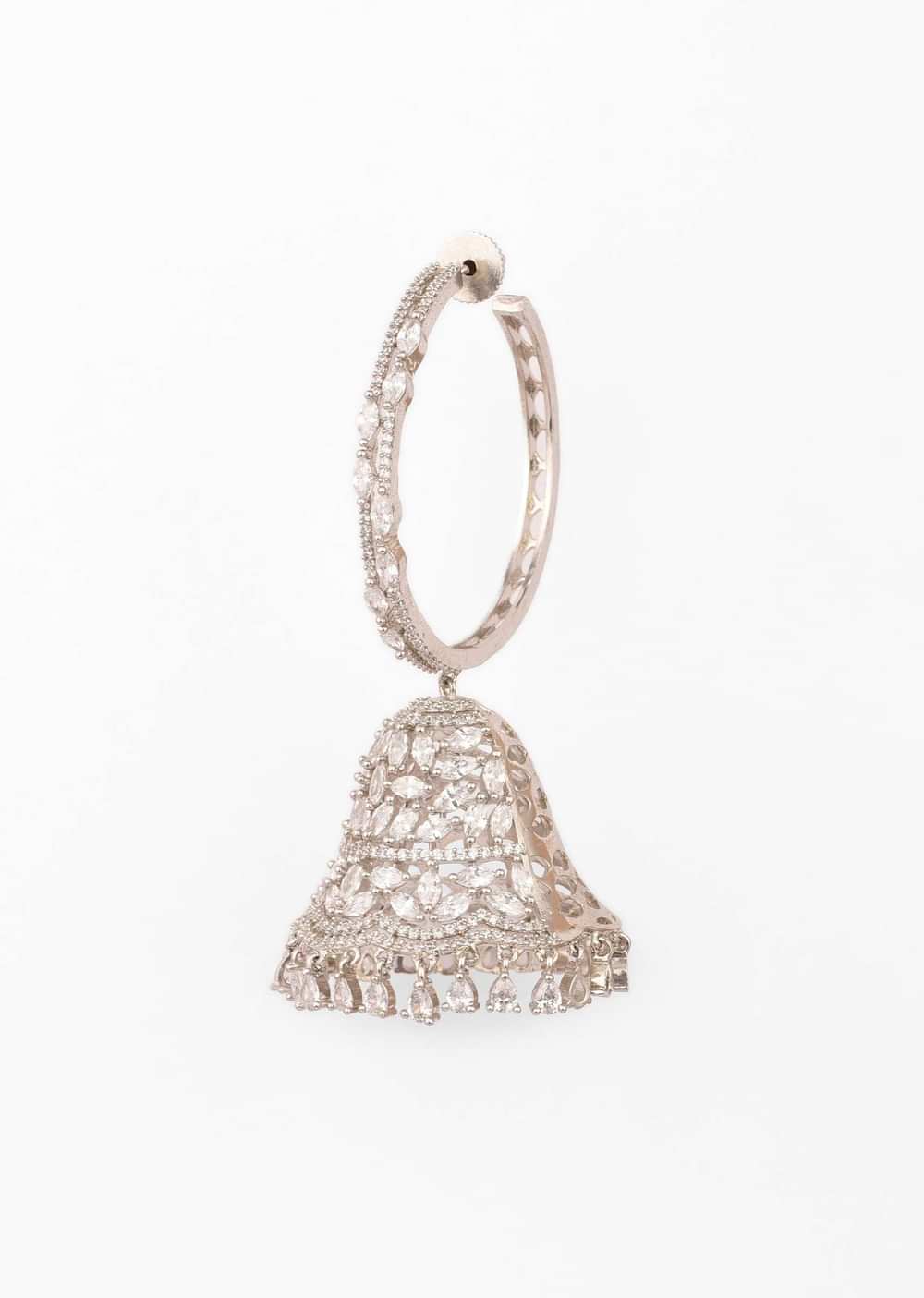 Silver Hoop Earrings With Dangling Jhumka Studded In Swarovski Stones