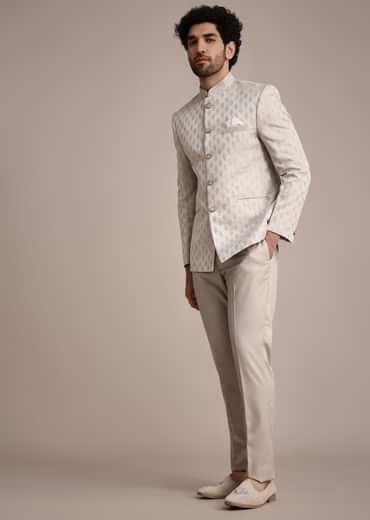 Silver Jodhpuri Suit With Mandarin Collar