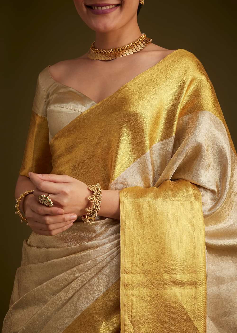 Silver Kanjivaram Silk Saree With Gold Contrast Border And Pallu