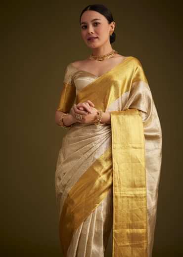 Silver Kanjivaram Silk Saree With Gold Contrast Border And Pallu