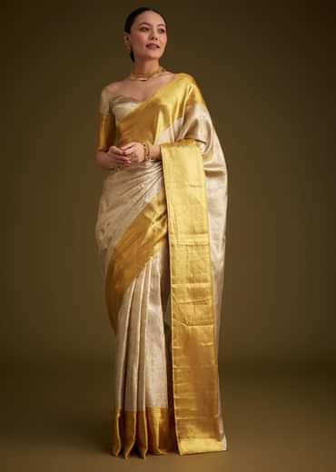 Silver Kanjivaram Silk Saree With Gold Contrast Border And Pallu