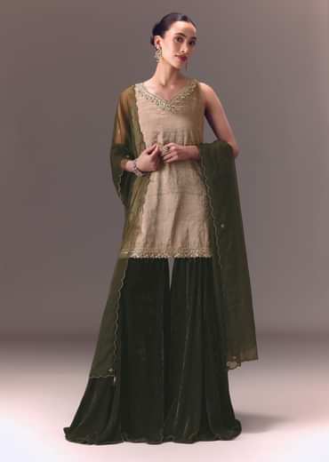 Silver Embroidered Tissue Kurta With Velvet Sharara And Dupatta