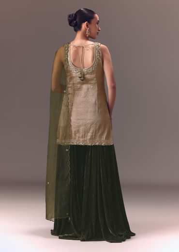 Silver Embroidered Tissue Kurta With Velvet Sharara And Dupatta
