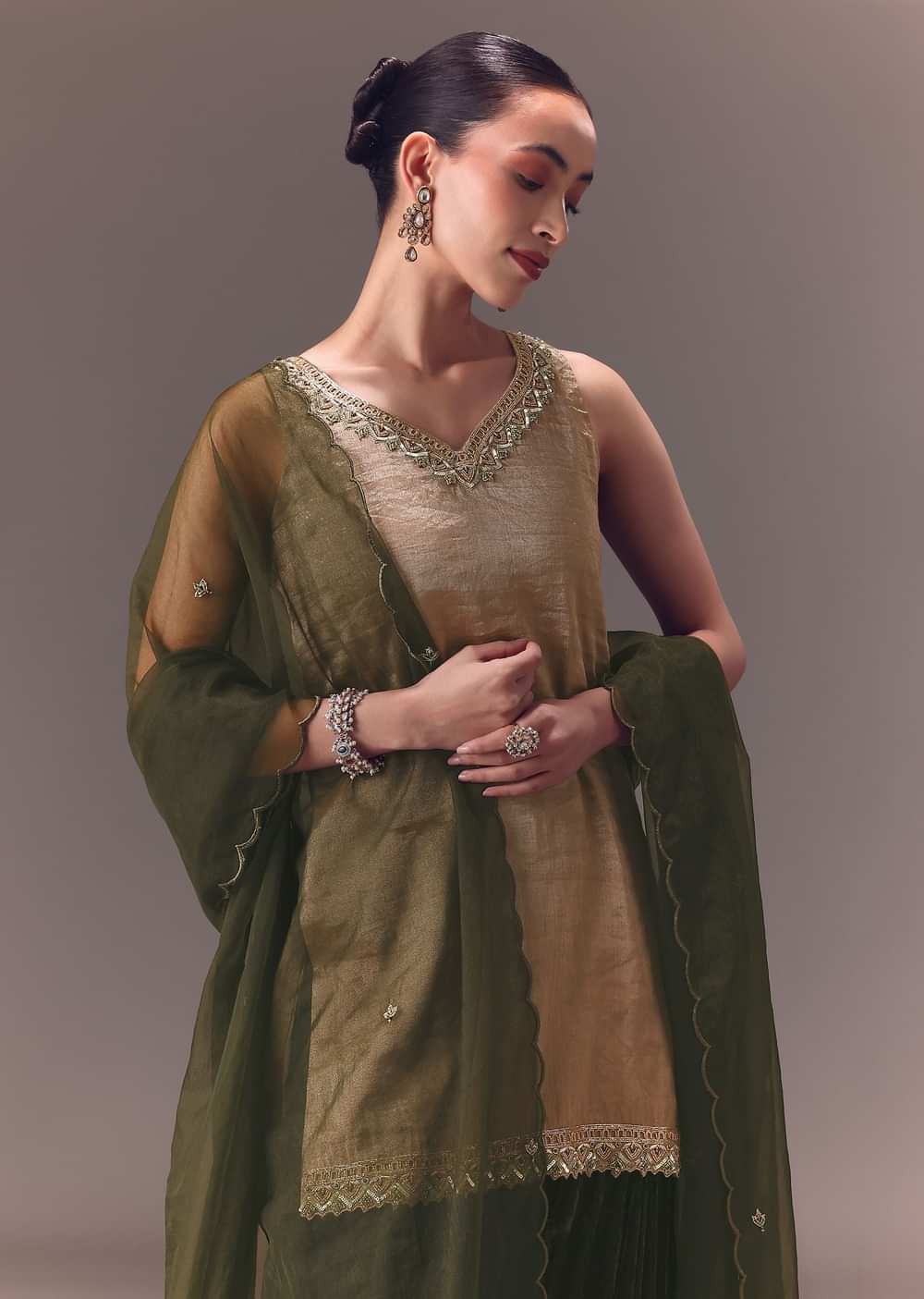 Silver Embroidered Tissue Kurta With Velvet Sharara And Dupatta