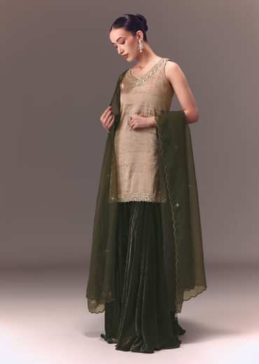 Silver Embroidered Tissue Kurta With Velvet Sharara And Dupatta