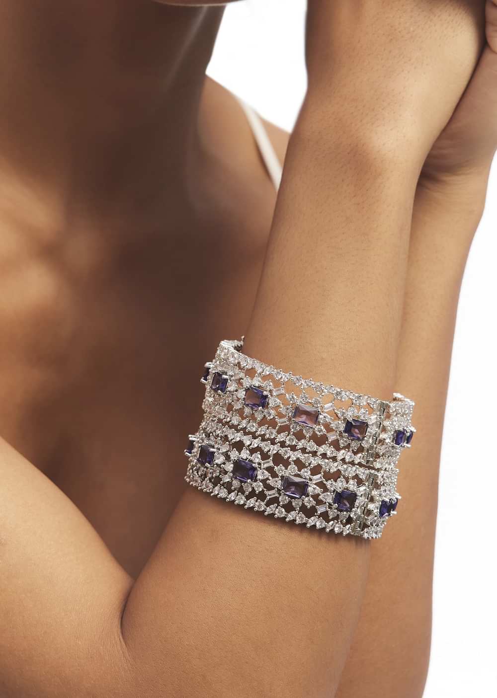 Silver Mix Metal Zircon Bangles Set With Purple Accents