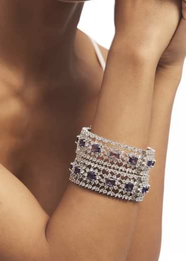 Silver Mix Metal Zircon Bangles Set With Purple Accents