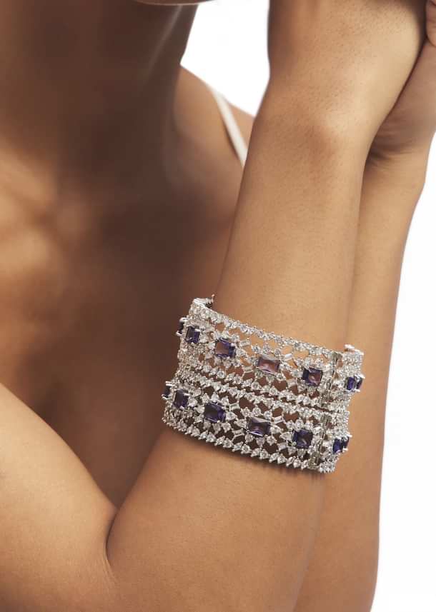 Silver Mix Metal Zircon Bangles Set With Purple Accents