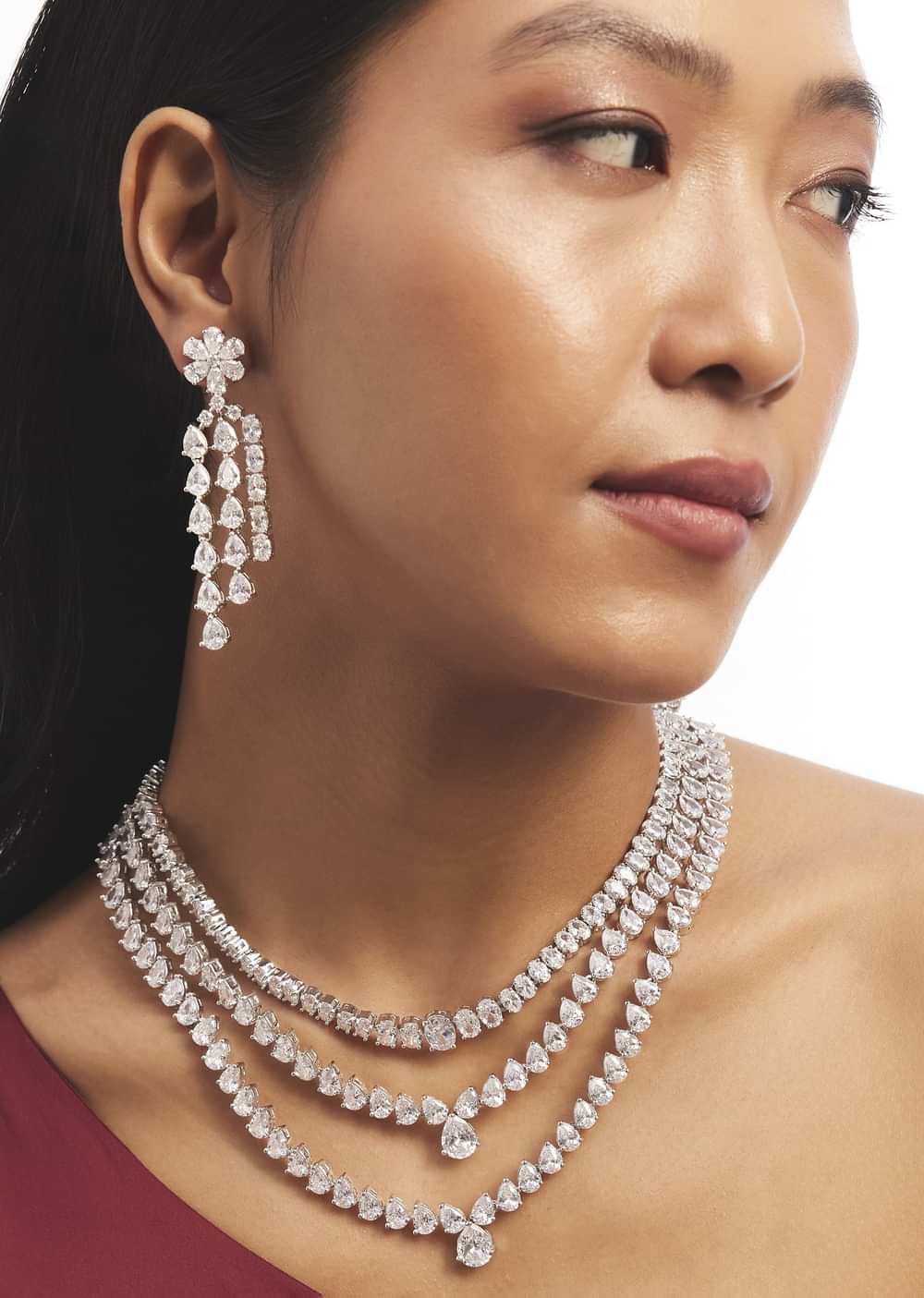 Silver Multi Layered Necklace And Drop Earrings Set