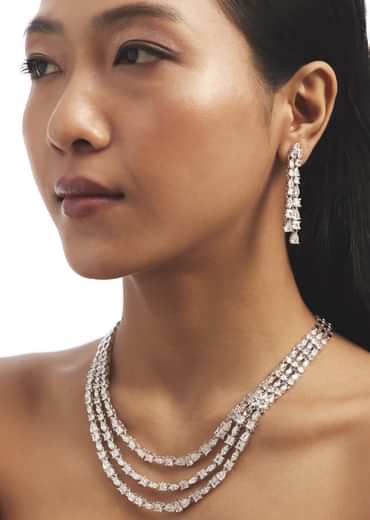 Silver Multi Layered Zircon Necklace And Drop Earrings Set