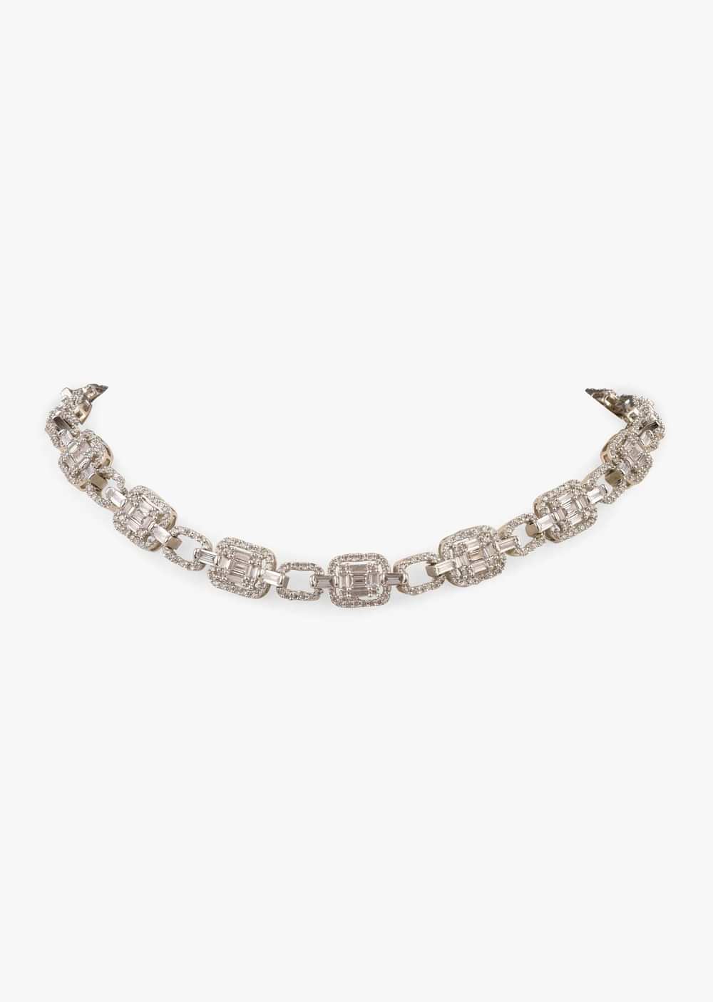 Silver Necklace With Swarovski Studded Geometric Linked Chain Design