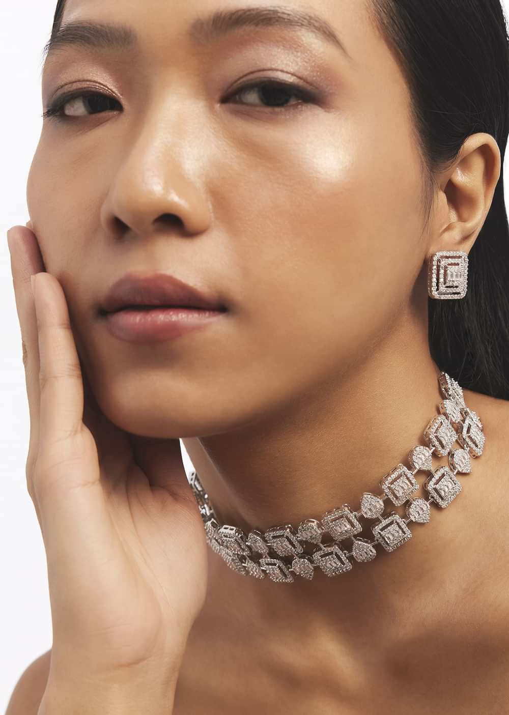 Silver Square Studded Zircon Choker Set