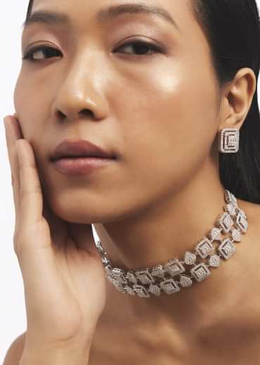 Silver Square Studded Zircon Choker Set