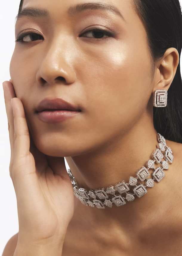 Silver Square Studded Zircon Choker Set
