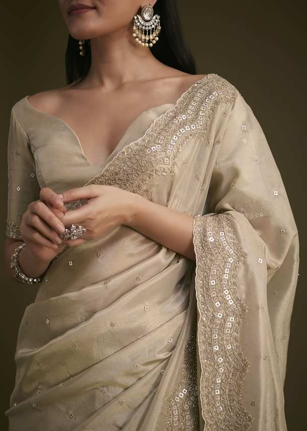 Silver Tissue Saree With Embroidered Border Silver Tissue Saree With Embroidered Border