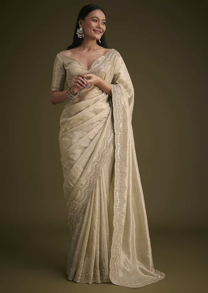 Silver Tissue Saree With Embroidered Border
