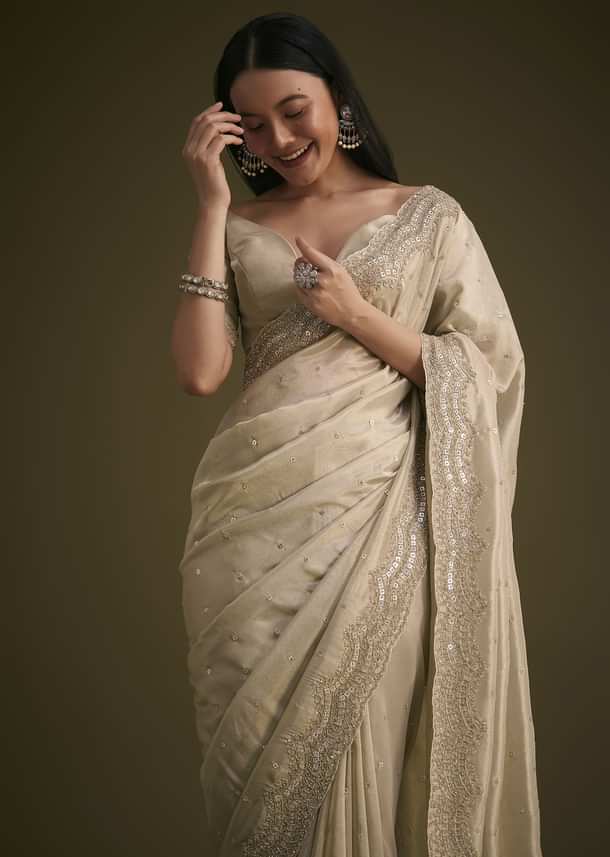 Silver Tissue Saree With Embroidered Border Silver Tissue Saree With Embroidered Border