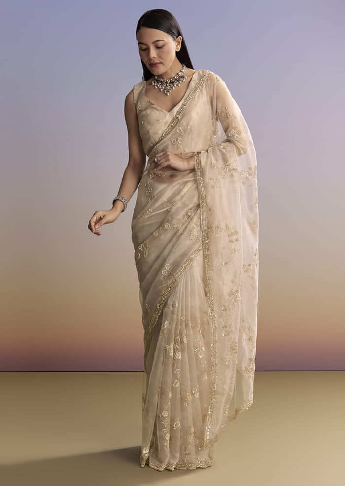 Silver Tissue Saree With Scallop Border And Sequins Work